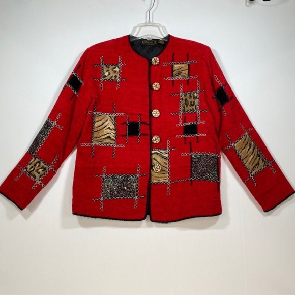 Vintage Alex Kim Red‎ Velvet Feel Embroidered Button Loop Jacket Blazer Size S - Picture 1 of 12